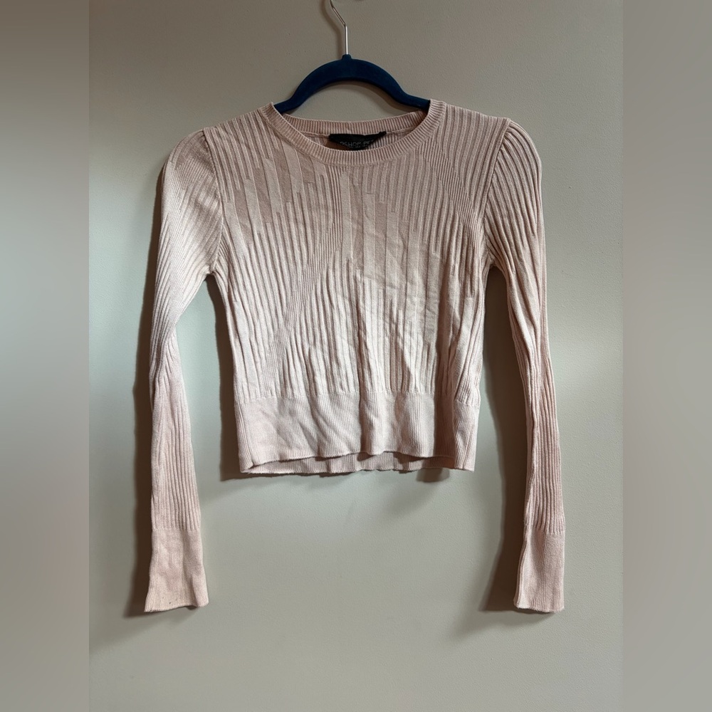 Topshop Petite Light Pink Long Sleeve Ribbed Cropped Sweater Shirt Crop Top